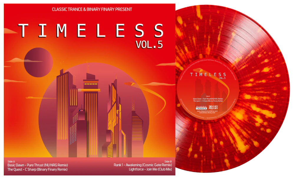 Timeless Vol. 5 sleeve with red and orange splatter vinyl record